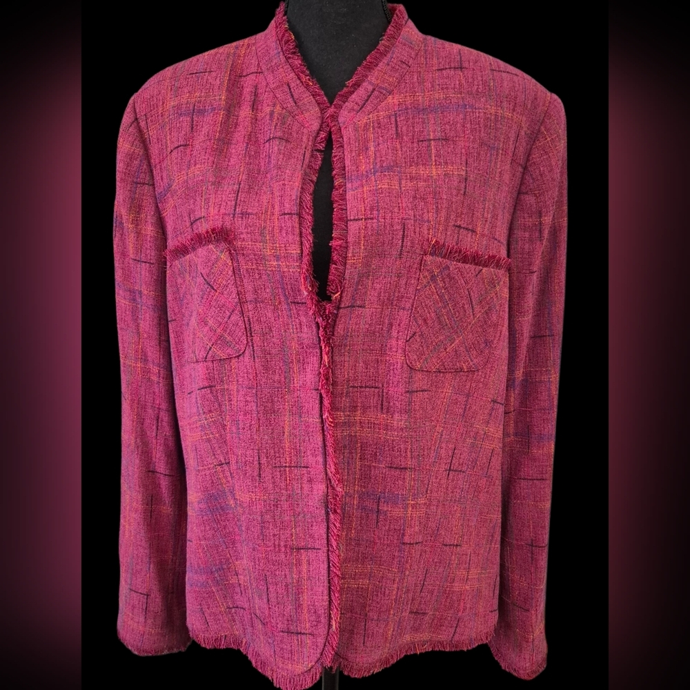 Vintage Sag Harbor Red and Purple Plaid Blazer w/Raw Fringe Trim - Size 18